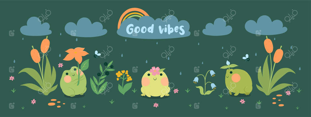 بنر با قورباغه‌های بامزه و گل‌ها در زیر باران