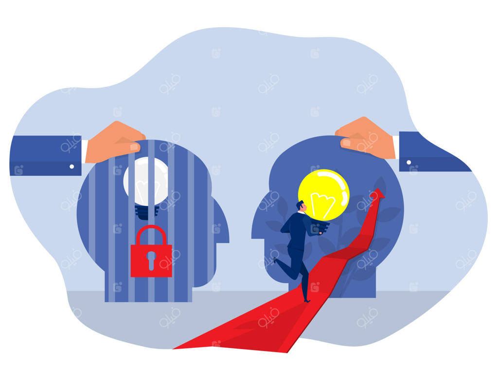 تاجر با لامپی در دست، روی پیکان قرمزی به سمت سر بزرگ که نمادی از ذهنیت رشد است، دویده و تفاوت آن با ذهنیت ثابت را نمایش می‌دهد.