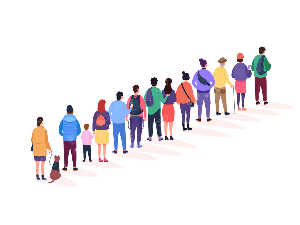 صف طولانی صف بستن مردم در دستشویی عمومی جمعیت ایستاده برای خرید بلیط فرودگاه ثبت نام خرید