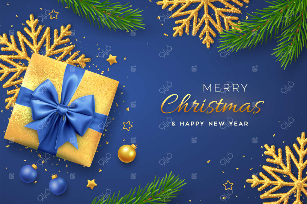 بنر کریسمس: جعبه هدیه طلایی با روبان آبی، دانه برف درخشان، ستاره‌های طلایی، شاخه‌های کاج، کُنفتی و گوی‌های زینتی. پس‌زمینه شب یلدا، پوستر افقی، کارت‌های تبریک، هدر‌های سایت. وکتور.