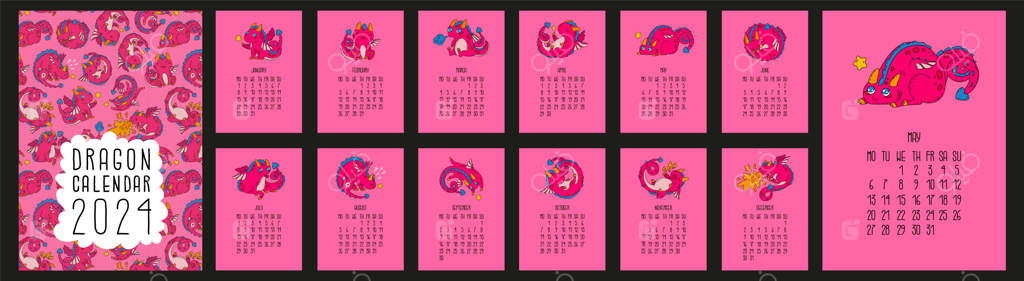 تقویم ۲۰۲۴ با نماد اژدها برای سال نو چینی اژدهای کوچک در حالت‌های مختلف سال اژدها در تقویم چینی به سبک کارتونی وکتور ilustration