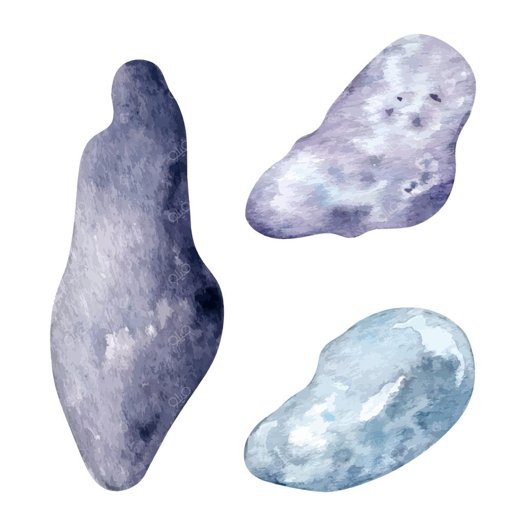 سنگ‌های دریایی: مجموعه‌ای از عناصر زیرآبی با تصویرسازی آبرنگ روی زمینه سفید. سنگریزه‌هایی در رنگ‌های آبی و خاکستری با شکل‌های بیضی که با دست طراحی شده‌اند. سنگ‌فرش‌ها برای طراحی دریایی، منظره و باغ.