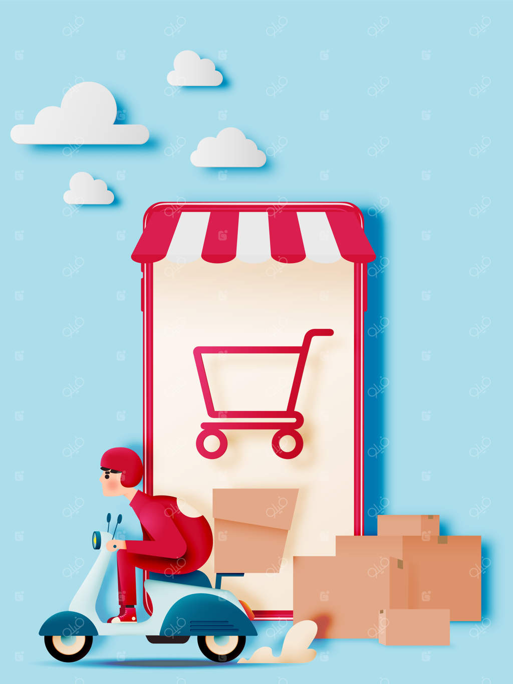 مردی با موتور سیکلت برای کسب و کار تحویل کالا رانندگی می‌کند