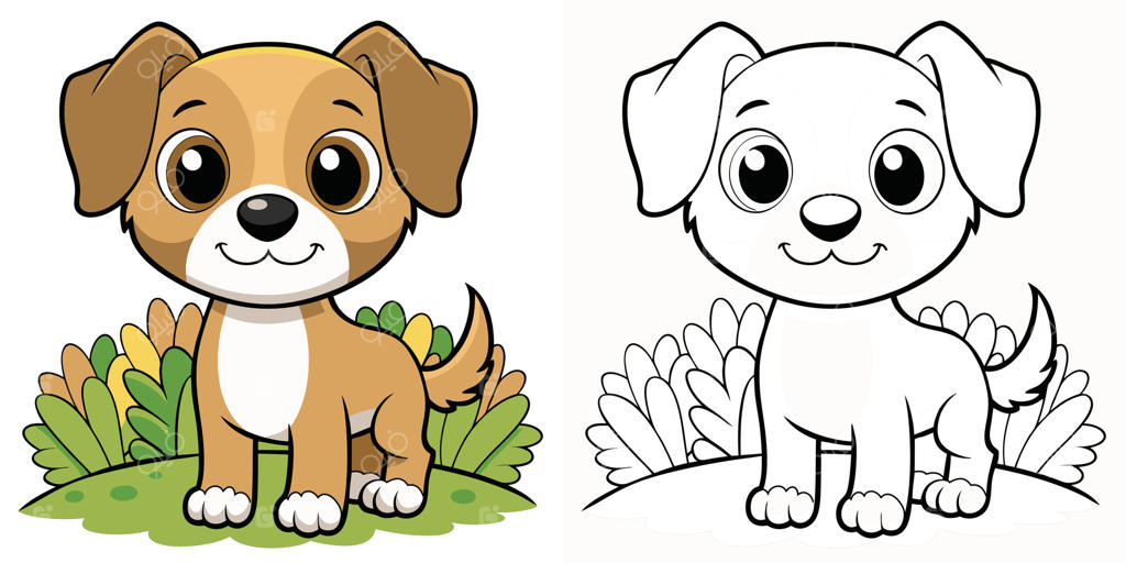 صفحه رنگ‌آمیزی توله سگ بامزه برای کودکان قابل چاپ - کارتون سگ کوچک در باغچه - تصویر کارتونی حیوانات