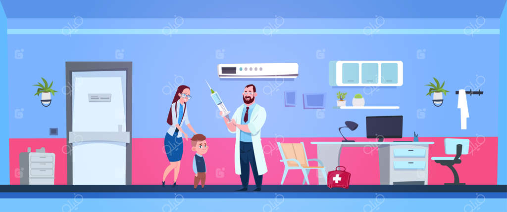 پزشک خانواده در اتاق بیمارستان با مادری و پسر خردسال در حال نگه داشتن سرنگ