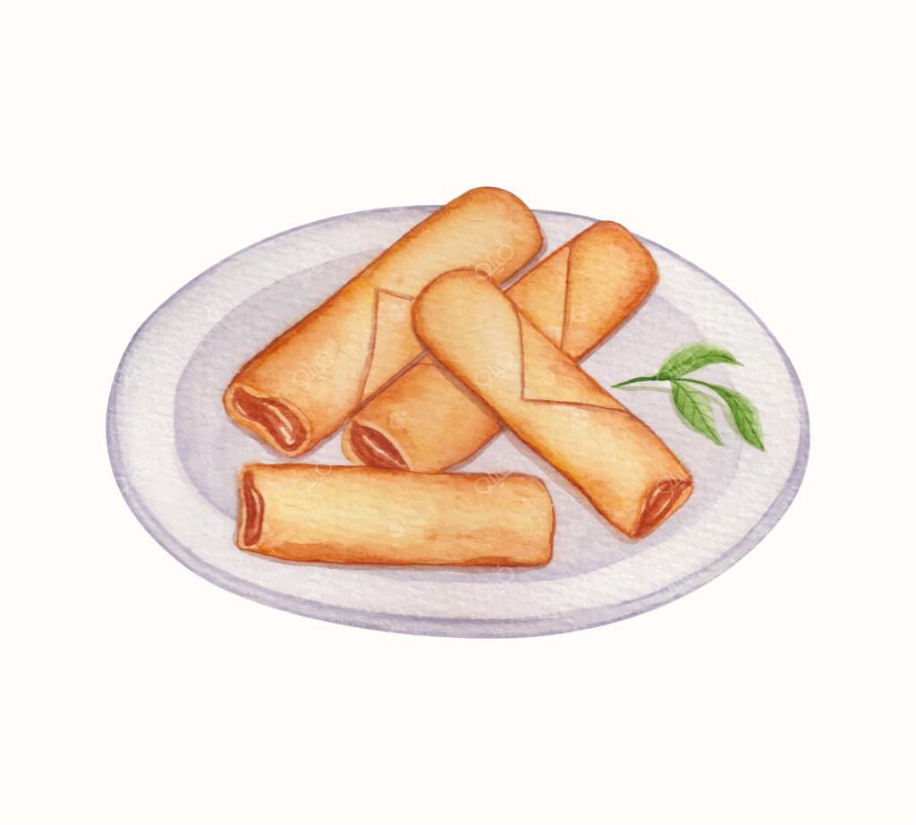 نقاشی دستی رول بهاری غذاهای آسیایی با آبرنگ