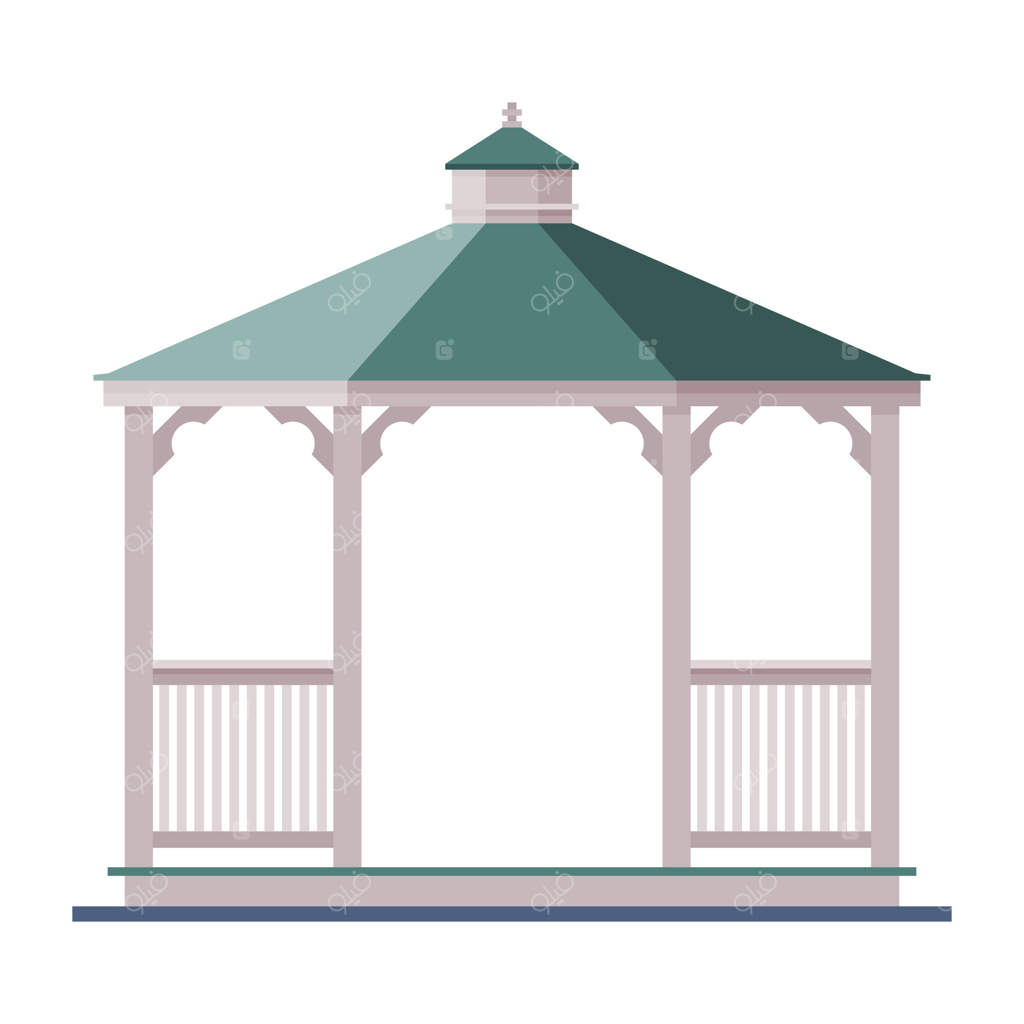 آلاچیق چوبی باغ یا پارک، عنصر طراحی زیرساخت شهری، تصویرسازی سبک تخت بر روی پس‌زمینه سفید