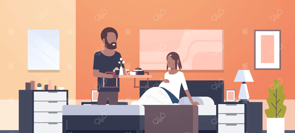 شوهر برای همسر باردارش صبحانه به تخت می‌آورد - خانواده خوشحال و همسر در حال سرو صبحانه