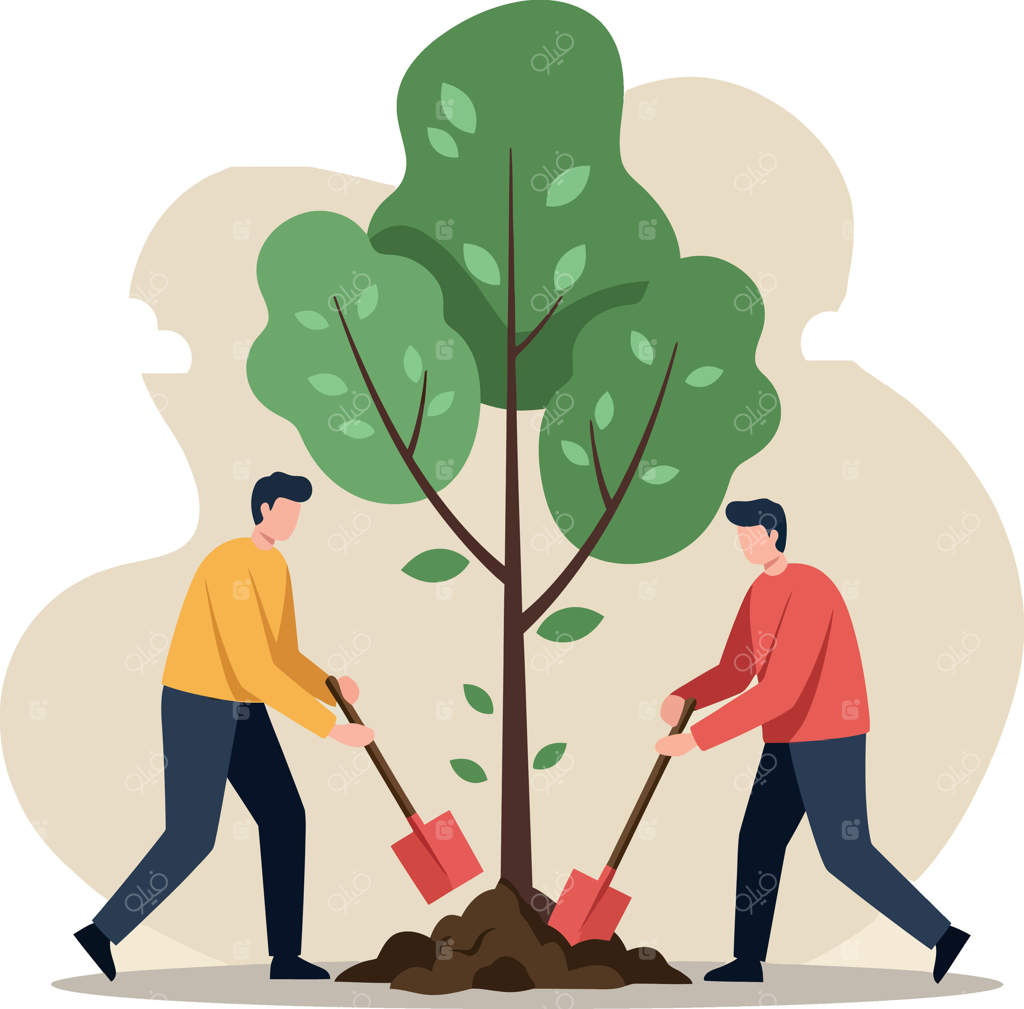 دو مرد در حال کاشتن درختی در باغ با بیل در تصویرسازی تخت