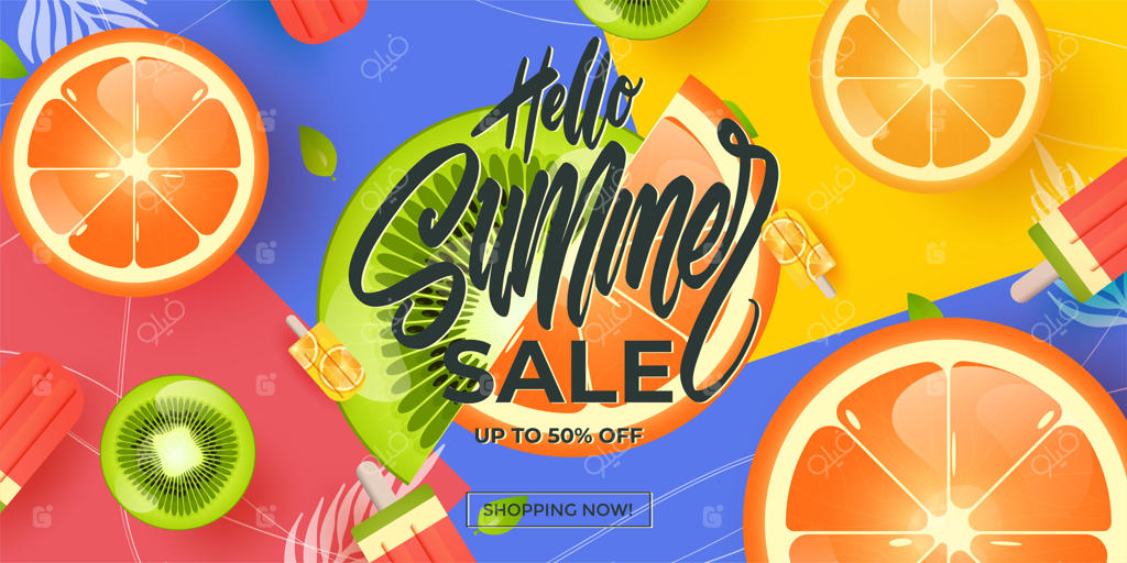 مجموعه پوستر وکتوری فروش تابستانه با ۵۰٪ تخفیف و عناصر تابستانی در پس‌زمینه‌های رنگارنگ برای تبلیغات فروشگاهی