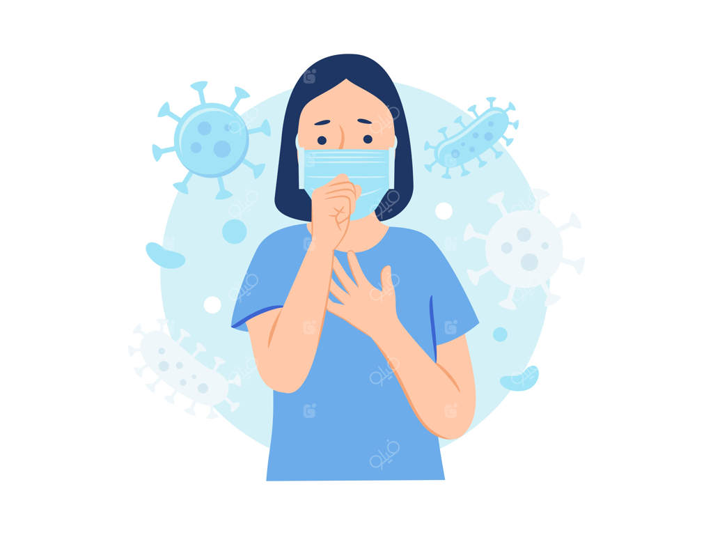 تصویر مفهومی: زن با ماسک محافظ در حال سرفه به دلیل وجود باکتری‌ها و ویروس‌ها در هوا