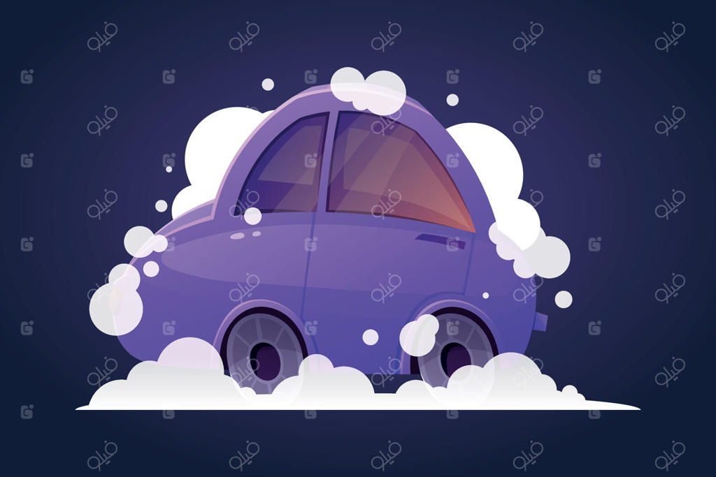 ماشین سواری بنفش با کف و حباب‌های صابون، شست‌وشوی خودرو. تصویرسازی کارتونی.