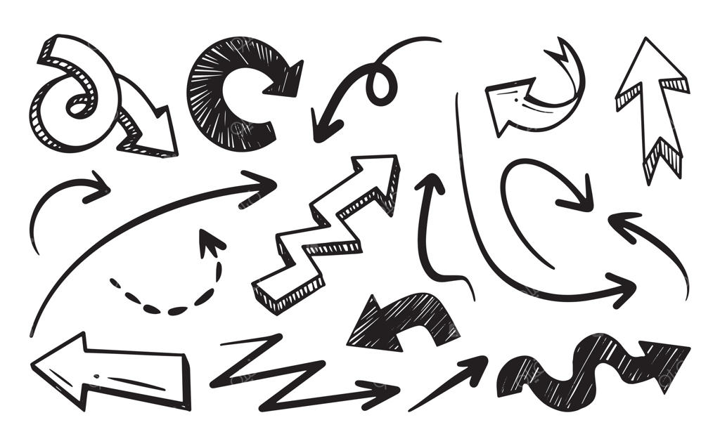 پیکان‌های دست‌کشیده با اشکال و جهت‌های متنوع، شامل خطوط زیگزاگ و منحنی. تصویرسازی کارتونی