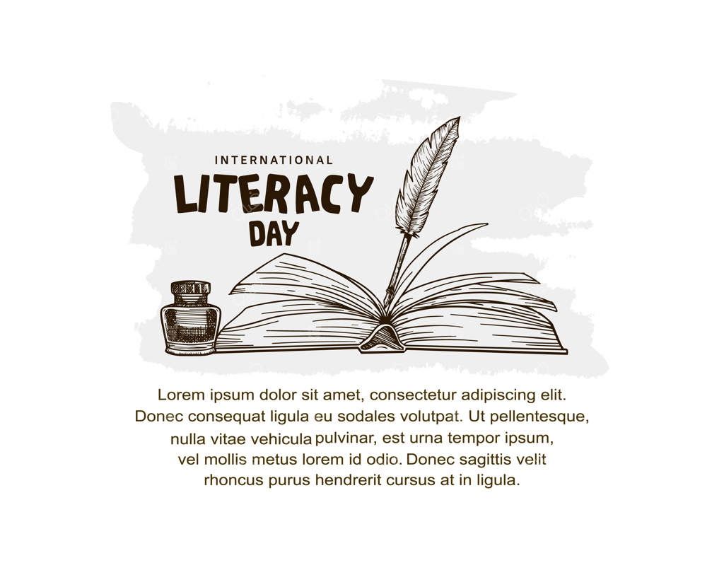 روز جهانی سوادآموزی با تصویر کتاب باز و قلم پر روی زمینه سفید