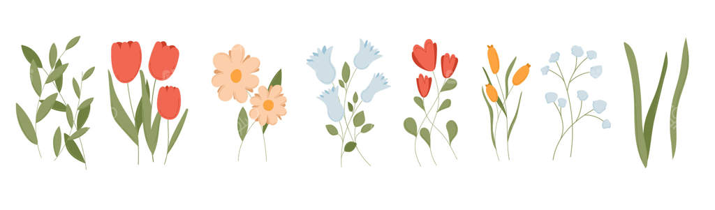 ست گل‌های بهاری با عناصر گیاهی زیبا. کلیپ‌آرت تابستانی ساده و شاد با آیکون باغ. طراحی مدرن طبیعت با برگ‌های جداگانه، شکوفه‌های وحشی و طرحی از لاله برای عید پاک.