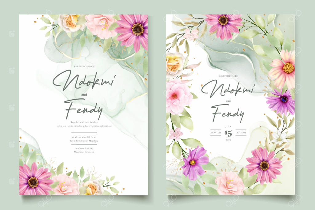 ست کارت دعوت عروسی با طراحی آبرنگ گل داوودی