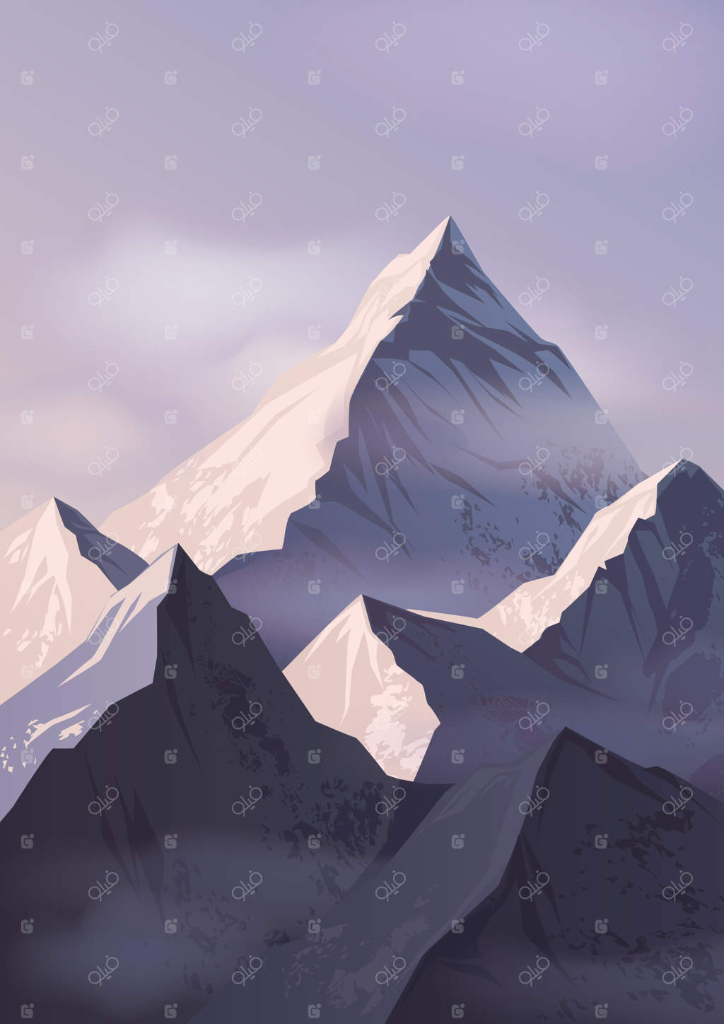 منظره خیره‌کننده با قله‌های کوه پوشیده از برف و احاطه شده با مه