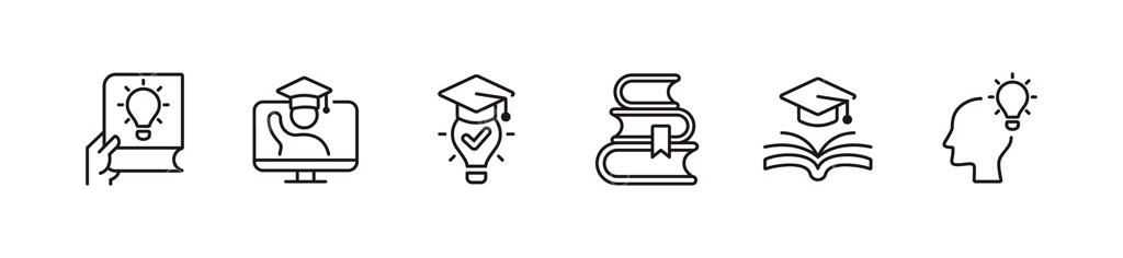 مجموعه آیکون‌های خطی شناخت و دانش؛ آموزش، هوش، نبوغ، موفقیت و یادگیری و نشانه‌های آن‌ها تصویرسازی