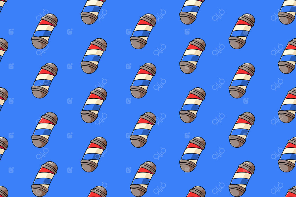 طرح یکپارچه با نشانه‌ برق آرایشگاه رنگارنگ در پس‌زمینه‌ی آبی. پترن نقاشی چراغ آرایشگاه برای مغازه‌های آرایشگری. پس‌زمینه‌ نشانه‌ چراغ آرایشگاه برای محصولات آرایشگاهی.