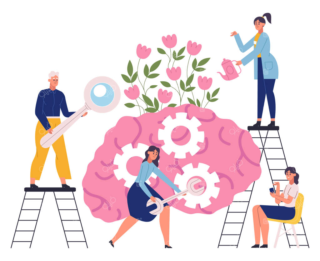 سلامت روانی و عاطفی: تیم متخصصان برای کمک به اختلالات احساسی  
نقاشی برداری از پزشکان در حال کمک به مردم و تعمیر سازوکارهای ذهنی