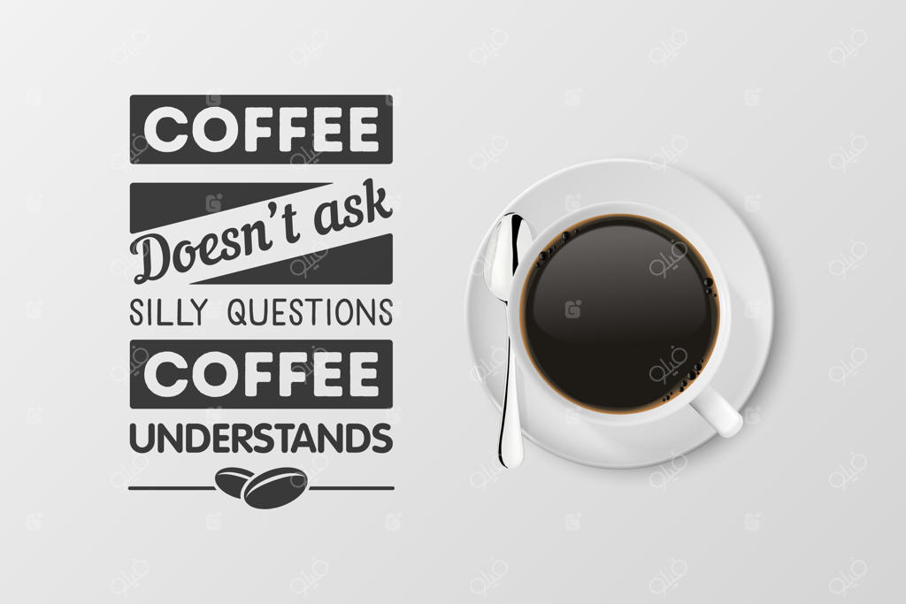 ماگ سرامیکی سفید سه‌بعدی با طراحی واقعی: فنجان قهوه اسپرسو در نمای بالا، با جمله‌ای درباره قهوه