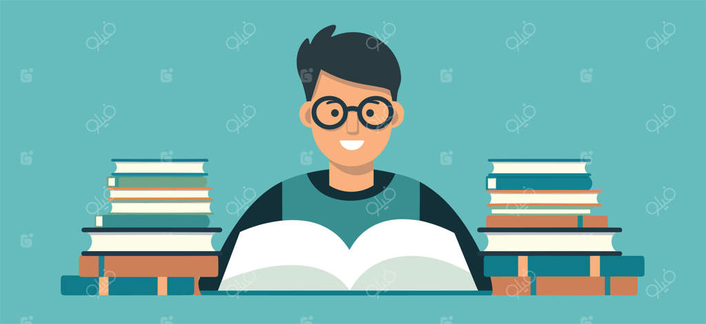 تصویر مردی که در کتابخانه‌ و کنار قفسه‌های کتاب در حال مطالعه است