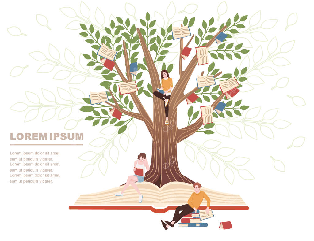 مفهوم آموزش: کتاب‌ها بر روی درخت و شخصیت‌های کارتونی در حال مطالعه - تصویرسازی تخت وکتور بر روی زمینه سفید