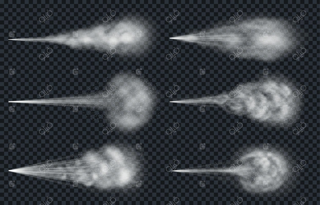 افشانه هوا و آب: افکت‌های مه و بخار واقعی. اسپری آئروسل دئودورانت یا عطر. مجموعه ایزوله ذرات پراکنده