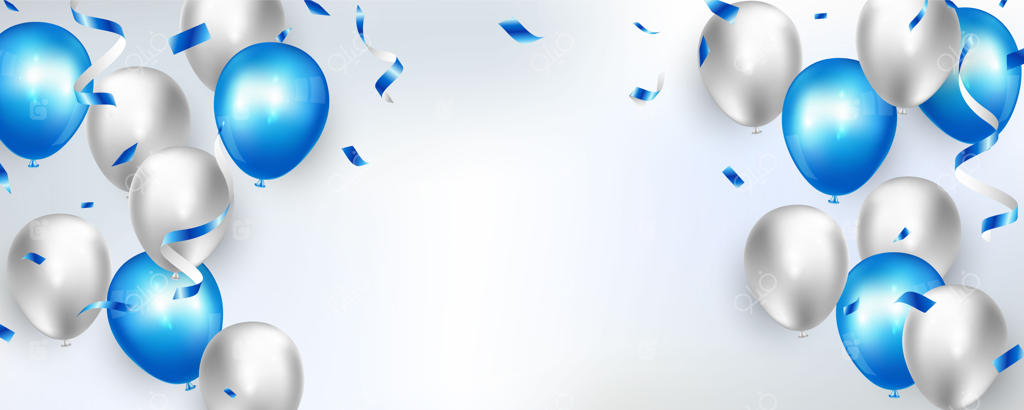 بنر جشن با پس‌زمینه بادکنک‌های آبی. کارت افتتاحیه باشکوه و تبریک لاکچری.