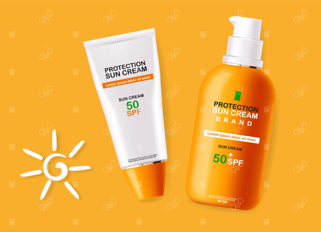 بطری کرم ضد آفتاب واقعی، مجموعه‌ای از لوازم آرایشی، پس‌زمینه گرمسیری، طراحی طلایی