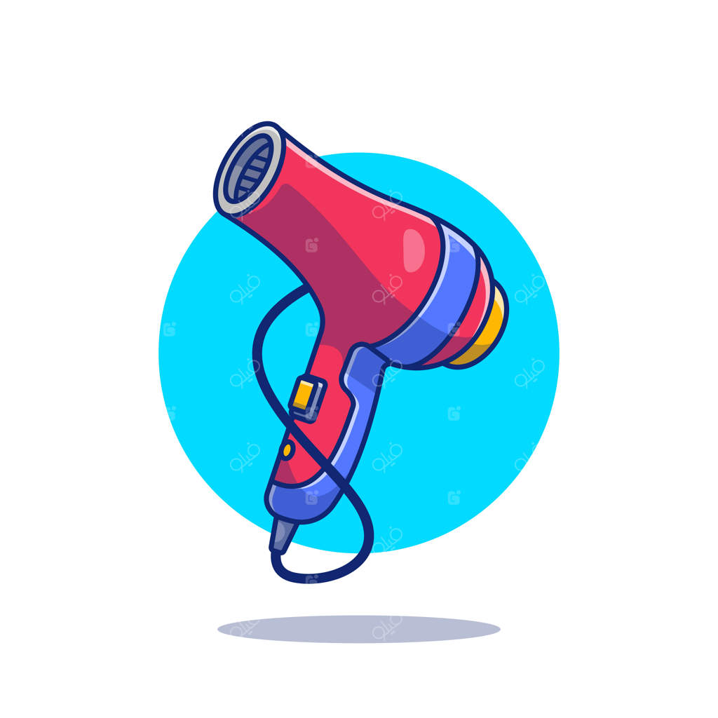 تصویر کارتونی سشوار. مفهوم ابزارهای آرایشگاه، ایزوله شده. سبک کارتونی ساده.