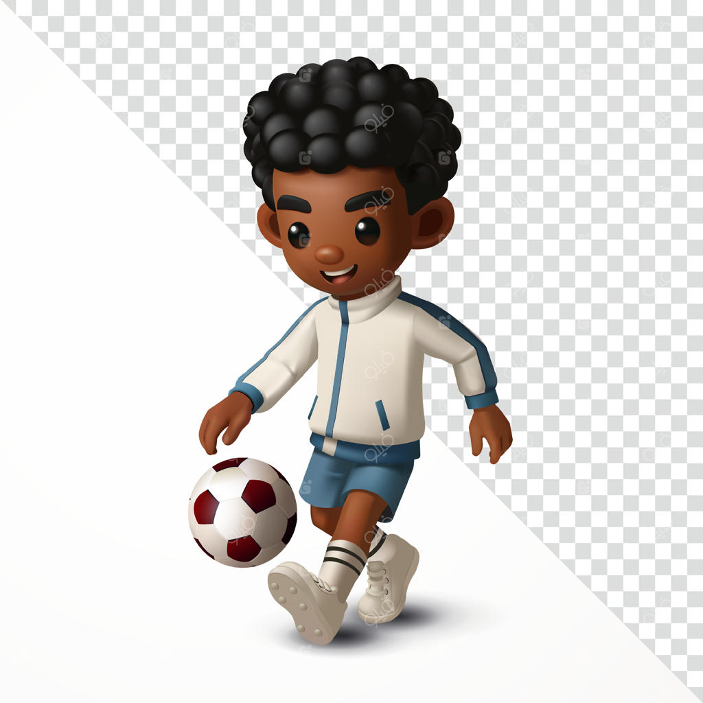 پسر بچه در حال بازی فوتبال، سه‌بعدی. مناسب برای آموزش و ورزش