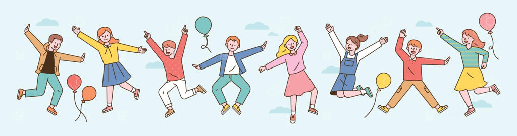 کودکان بامزه با دستانی بالا رفته به آسمان می‌پرند. طراحی مینیمال به سبک فلت. نمودار وکتور.