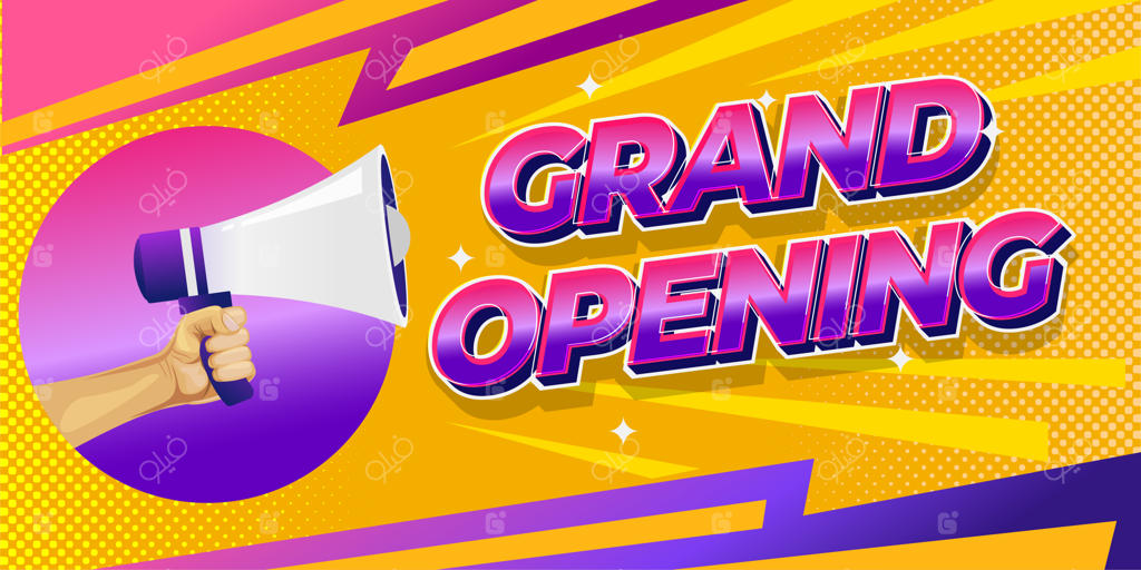 بنر افتتاحیه بزرگ با تصویر دستی که بلندگویی در دست دارد