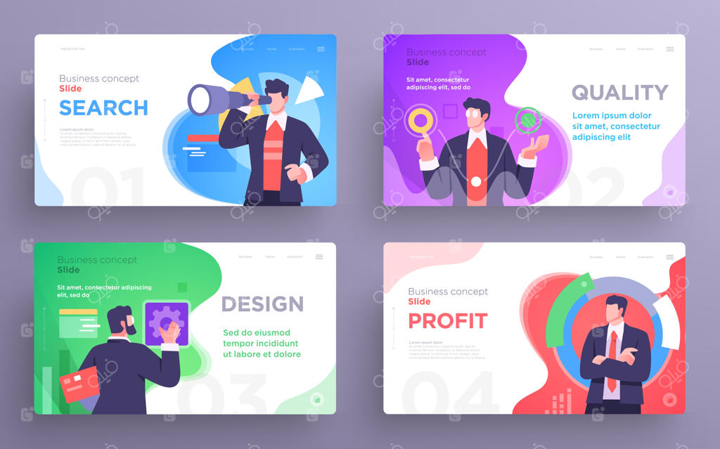مجموعه‌ای از قالب‌های اسلاید ارائه یا طراحی صفحات فرود برای وب‌سایت‌ها در یک مفهوم تجاری