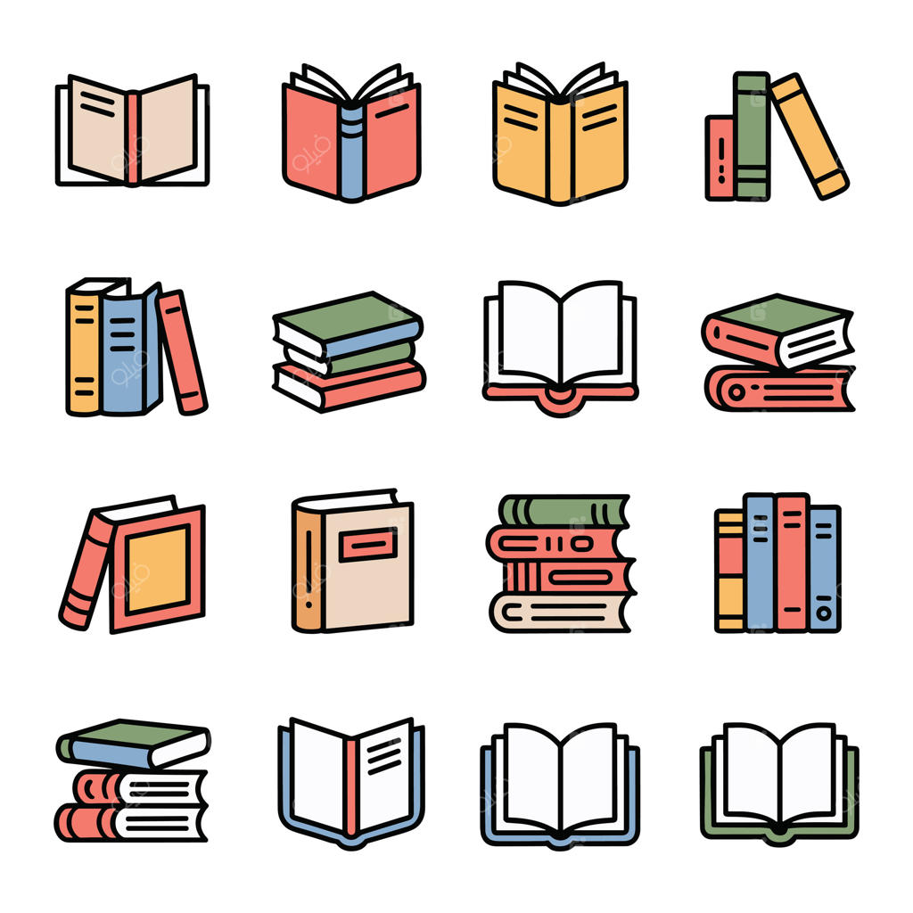 مجموعه‌ای از آیکون‌های رنگارنگ کتاب: کتاب‌های باز و بسته و انبوهی از کتاب‌ها