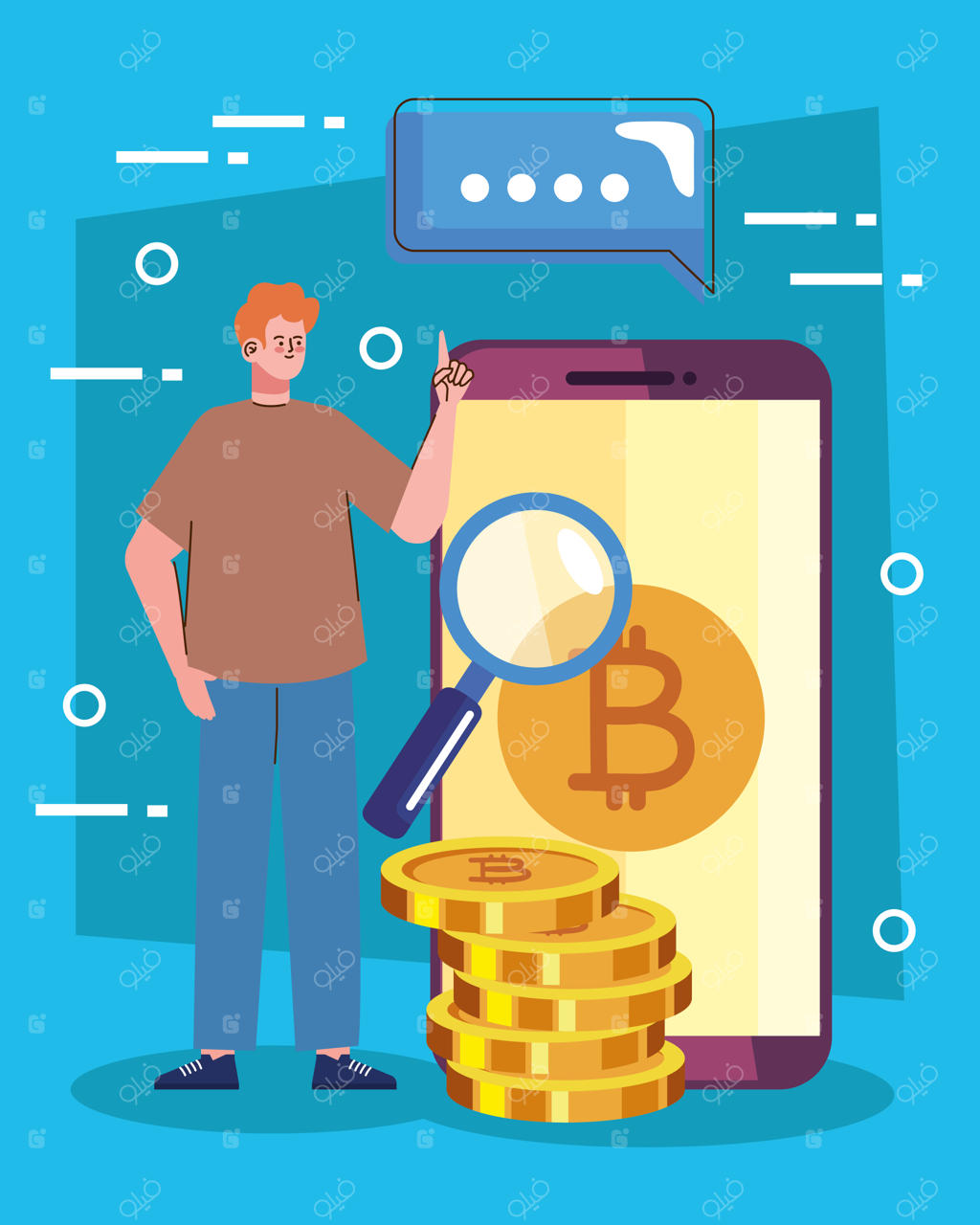 مردی با بیت‌کوین در گوشی هوشمند و ذره‌بین