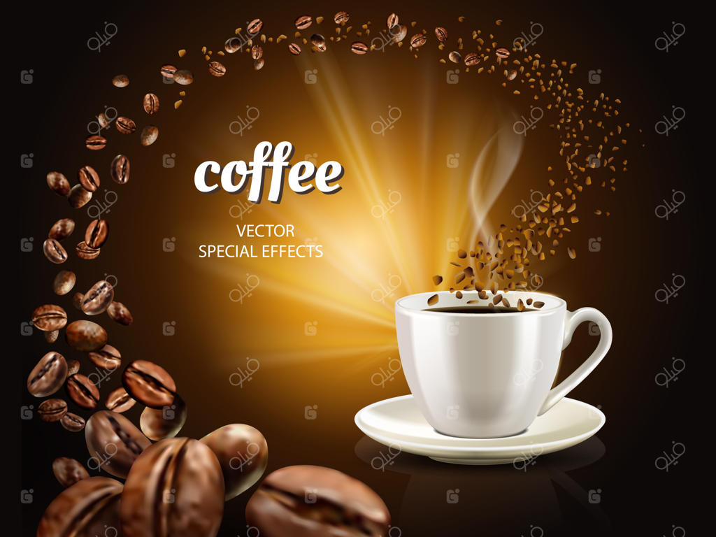 تصویر قهوه فوری با فنجان قهوه پر و دانه‌های قهوه بی‌شمار، تصویرسازی