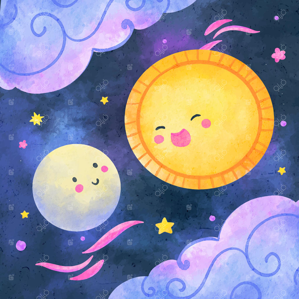 تصویر آبرنگی خورشید و ماه