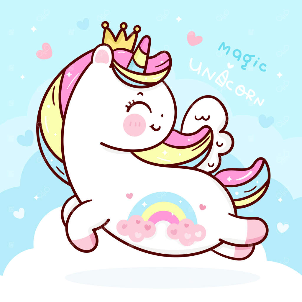 اسب تک‌شاخ کارتونی بامزه پرنسس پگاسوس در آسمان با ابر حیوان کاوایی پرواز می‌کند