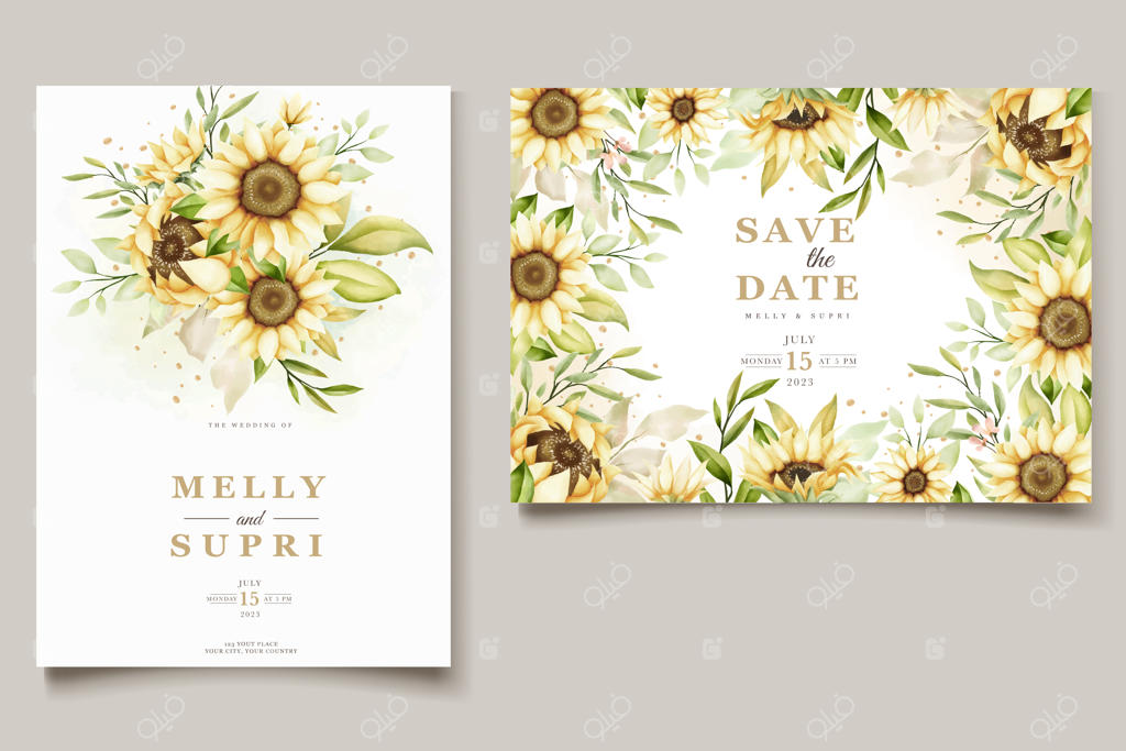 کارت دعوت با طرح آبرنگی گل آفتابگردان