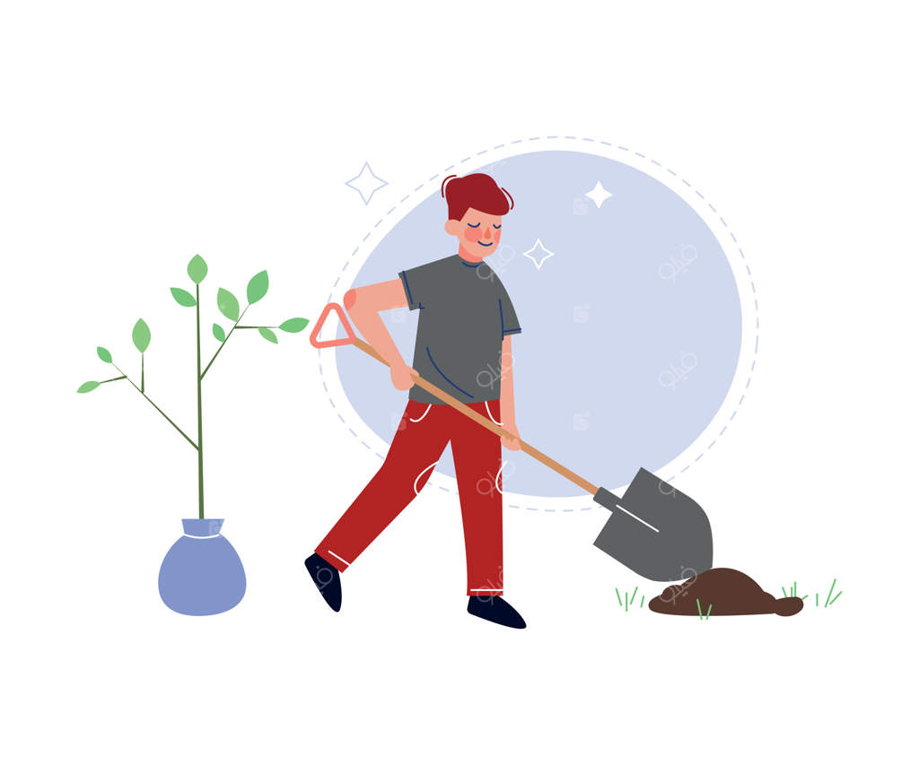 پسر در حال کاشتن درخت با بیل، تصویر نوجوان داوطلب در باغ یا پارک