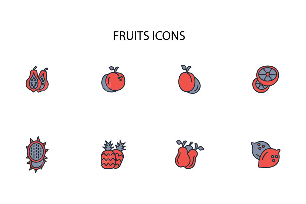 مجموعه آیکون میوه‌ها - ویرایش‌پذیر و در سبک خطی برای طراحی وب و لوگو، همراه با نمادها و تصاویر.