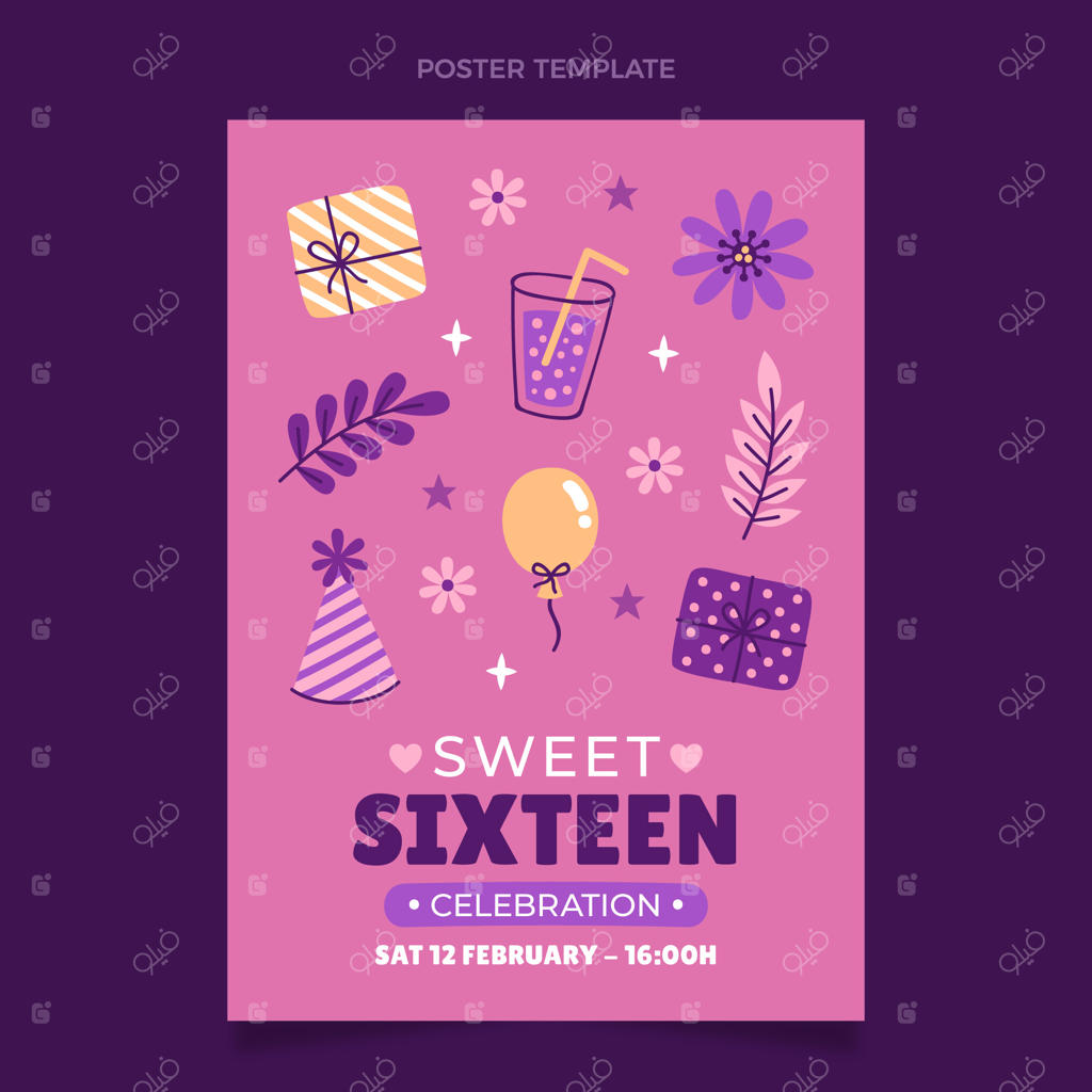 قالب پوستر عمودی دست‌ساز جشن شانزده‌سالگی