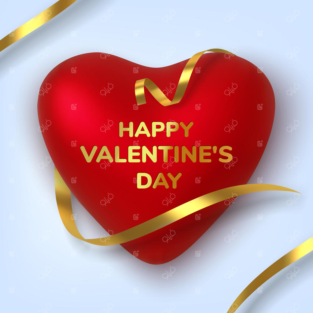 تبریک روز ولنتاین، قلب‌های قرمز واقعی در میان تزئینات و متن طلایی براق
