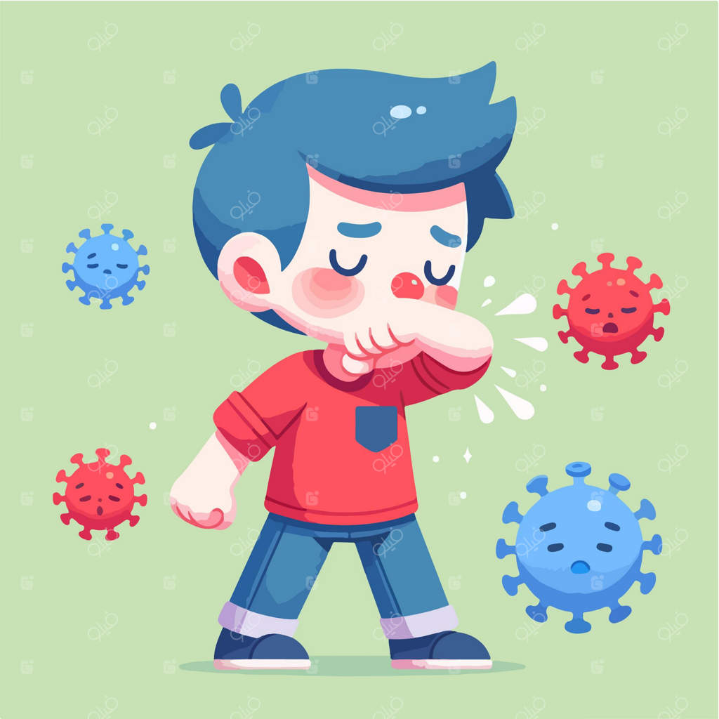 تصویر کارتونی و تخت از پسری که در آرنجش عطسه می‌کند