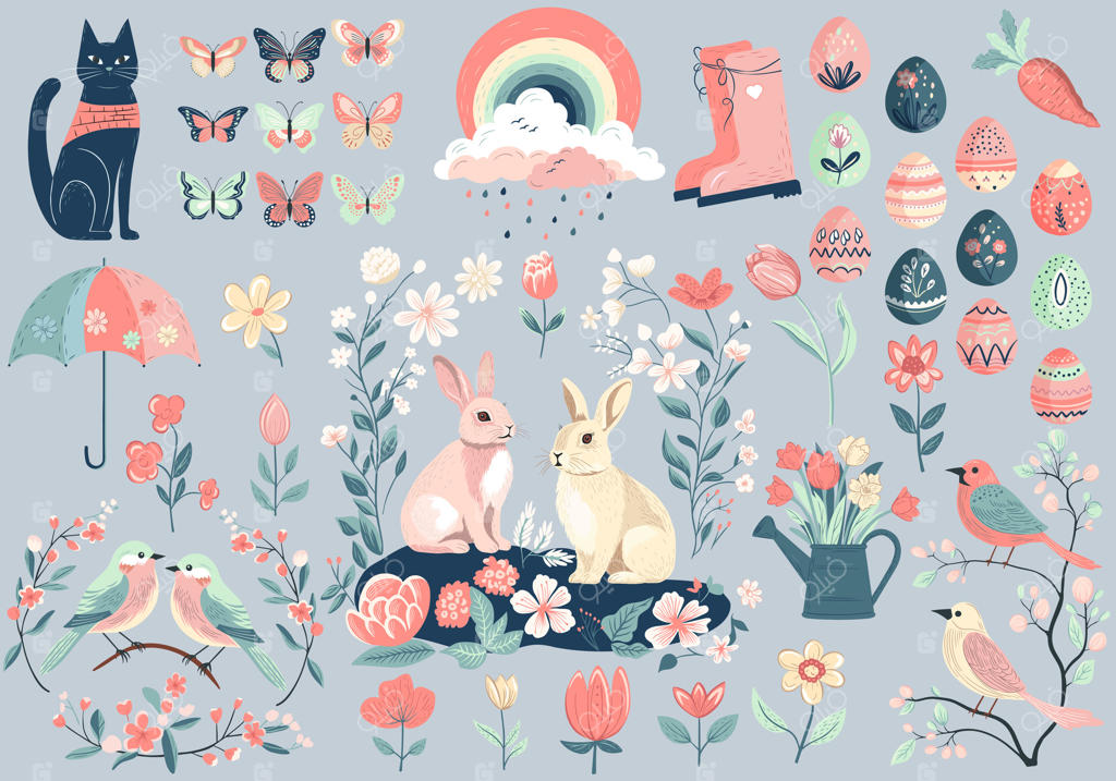 طراحی بهاری: مجموعه‌ای از طرح‌های بهاری. عناصر بهاری دست‌کشیده مثل گل‌ها، پرنده و خرگوش. تصویرسازی برداری.