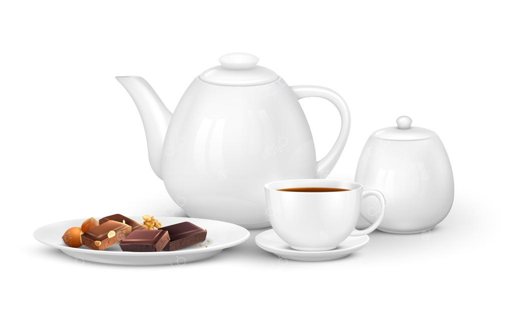 ترکیب واقعی چای و قهوه با نمای روبرو؛ قوری، فنجان‌ها و شکلات در بشقاب