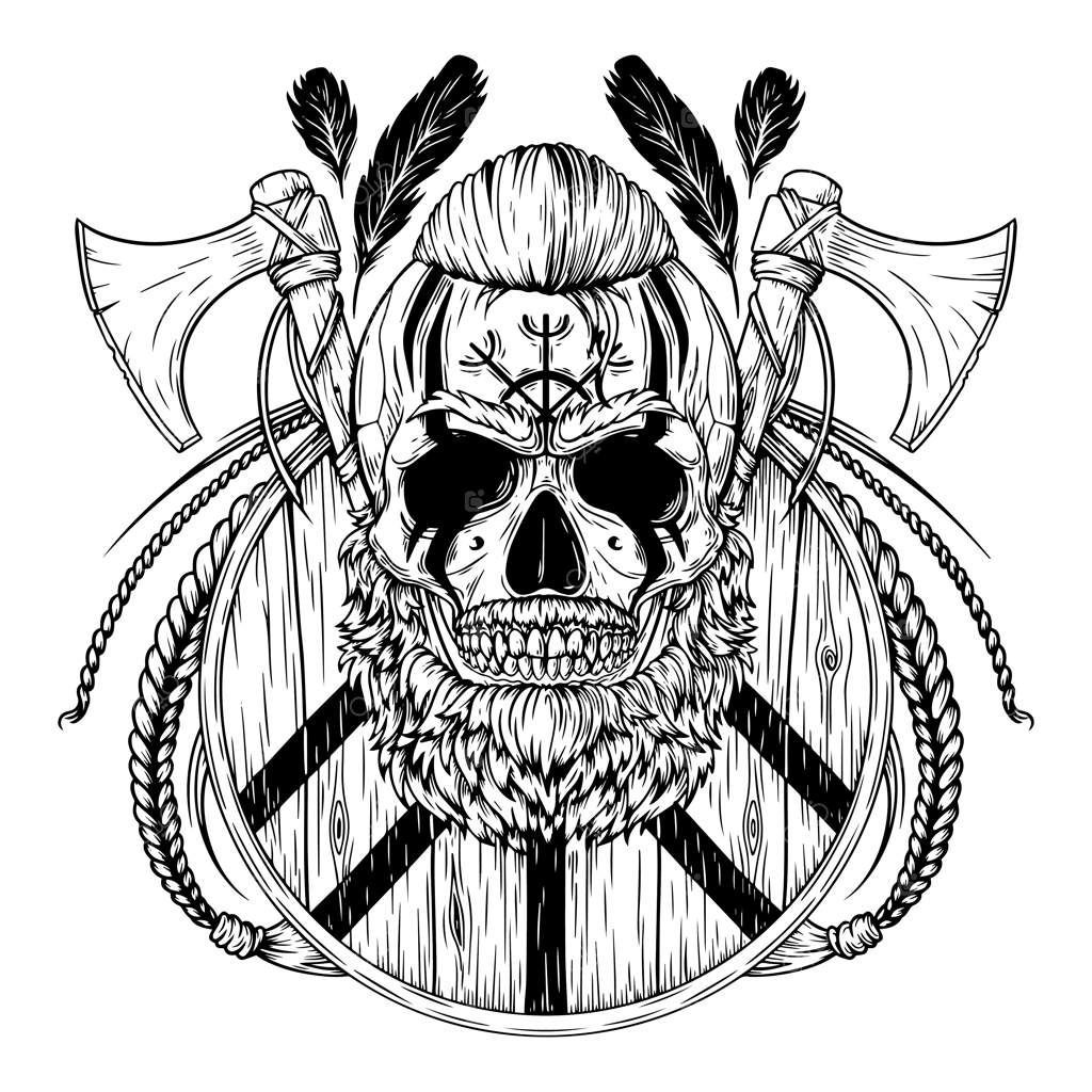 جمجمه وایکینگ ریش‌دار با تبرها و سپر