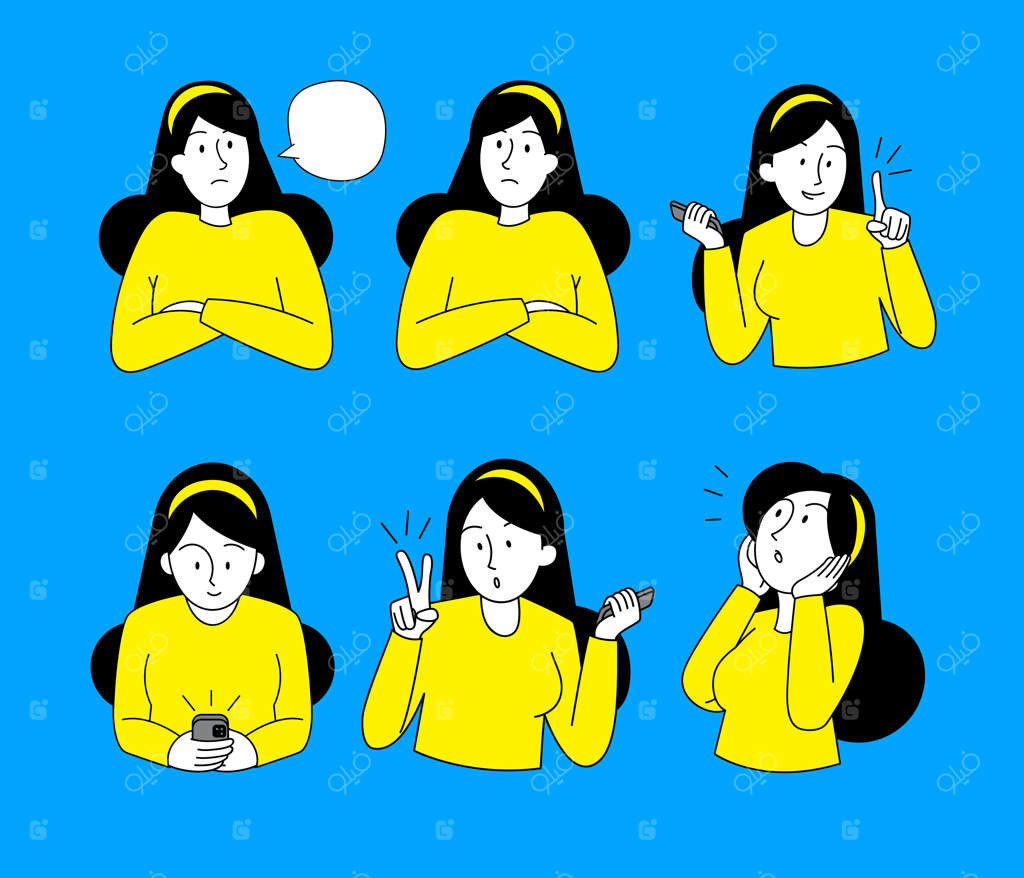 مجموعه‌ای از دختری با لباس زرد - تصویرسازی تخت - عناصر طراحی زن در کسب و کار